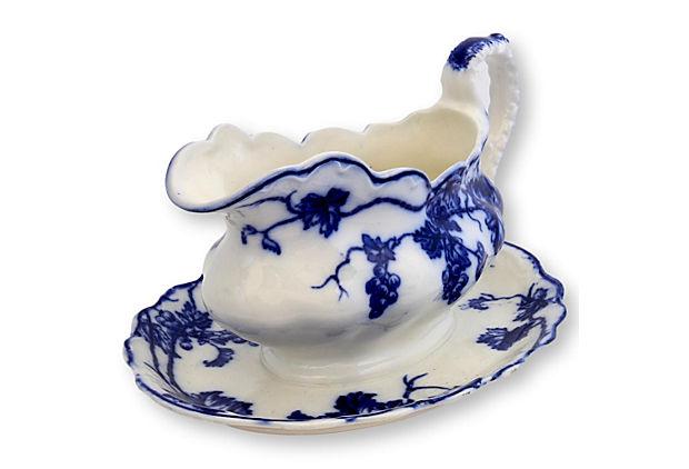 Flow Blue Grapevine Warwick Gravy Boat