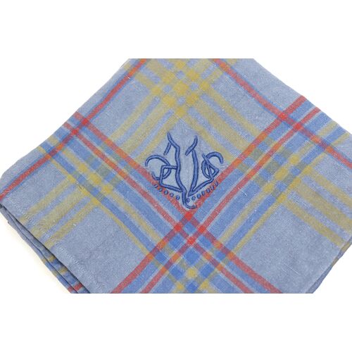 1940s French Plaid Linen Napkins & Tablecloth w/ Hand-Stitched "J L" Monogram