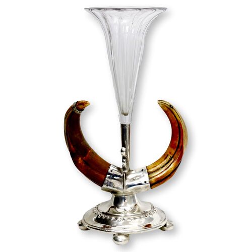 Antique Stag Horn & Silver-Plate Trumpet Vase
