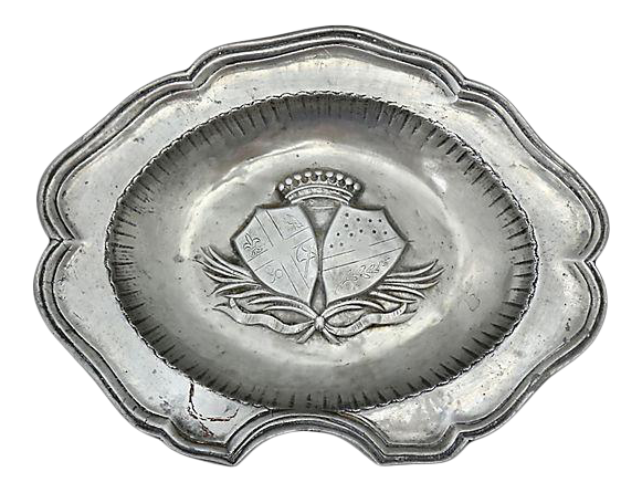 Antique French Pewter Barber's Bowl w/ Royal Coat of Arms