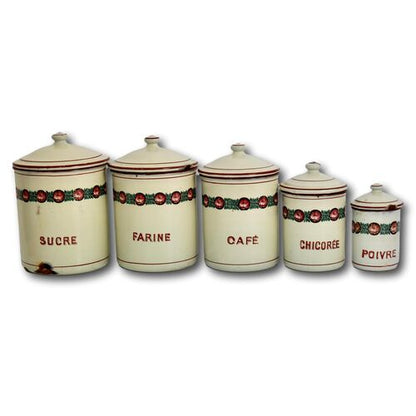 French Enamel Kitchen Canisters w/ Floral Garland