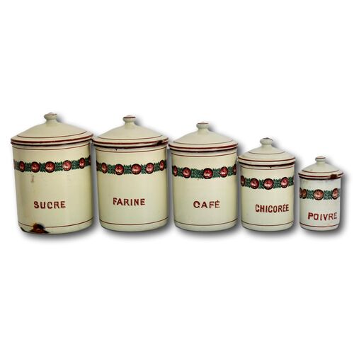 French Enamel Kitchen Canisters w/ Floral Garland