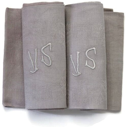 1920s Art Deco French Linen Dinner Napkins w/ Hand-Stitched "V S" Monogram, Set of 10