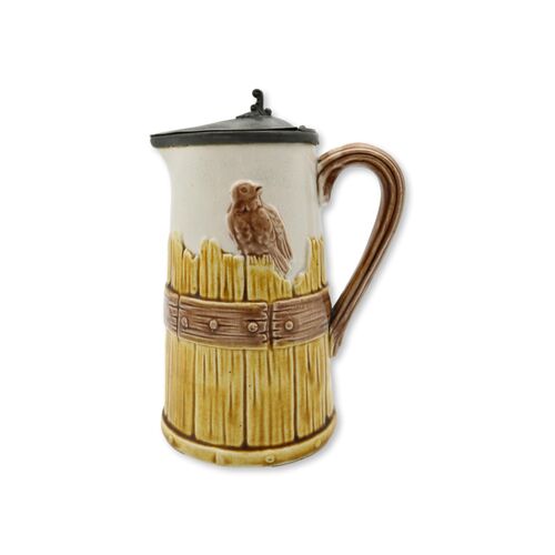 19th-C. English Majolica Barrel Stave w/ Bird Syrup Pitcher