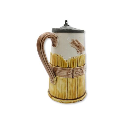 19th-C. English Majolica Barrel Stave w/ Bird Syrup Pitcher