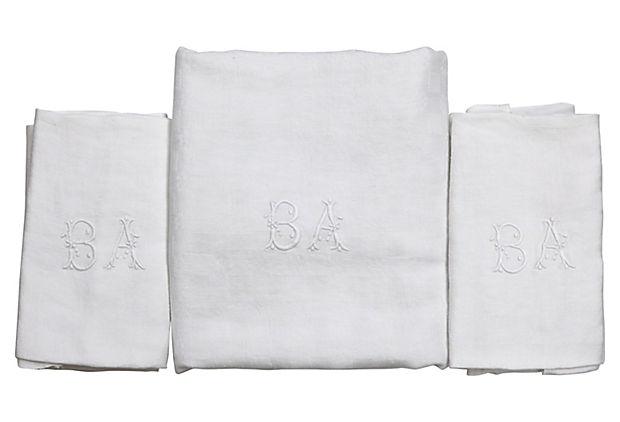 1920s French White Table Linens, w/ Hand-Stitched "B A" Monogram