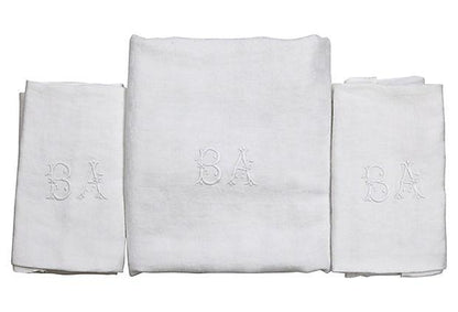 1920s French White Table Linens, w/ Hand-Stitched "B A" Monogram