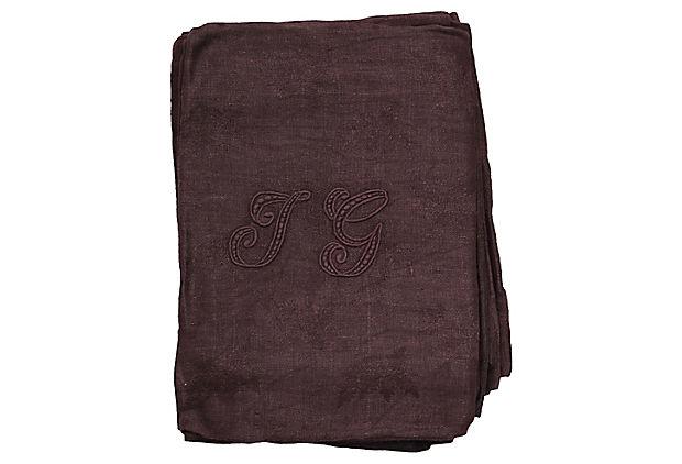 1920s French Plum Linen Dinner Napkins w/ Hand-Stitched "J G" Monogram, Set of Six