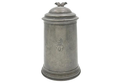 19th-C. English Pewter Ale Tankard W/ Crest & "W" Monogram