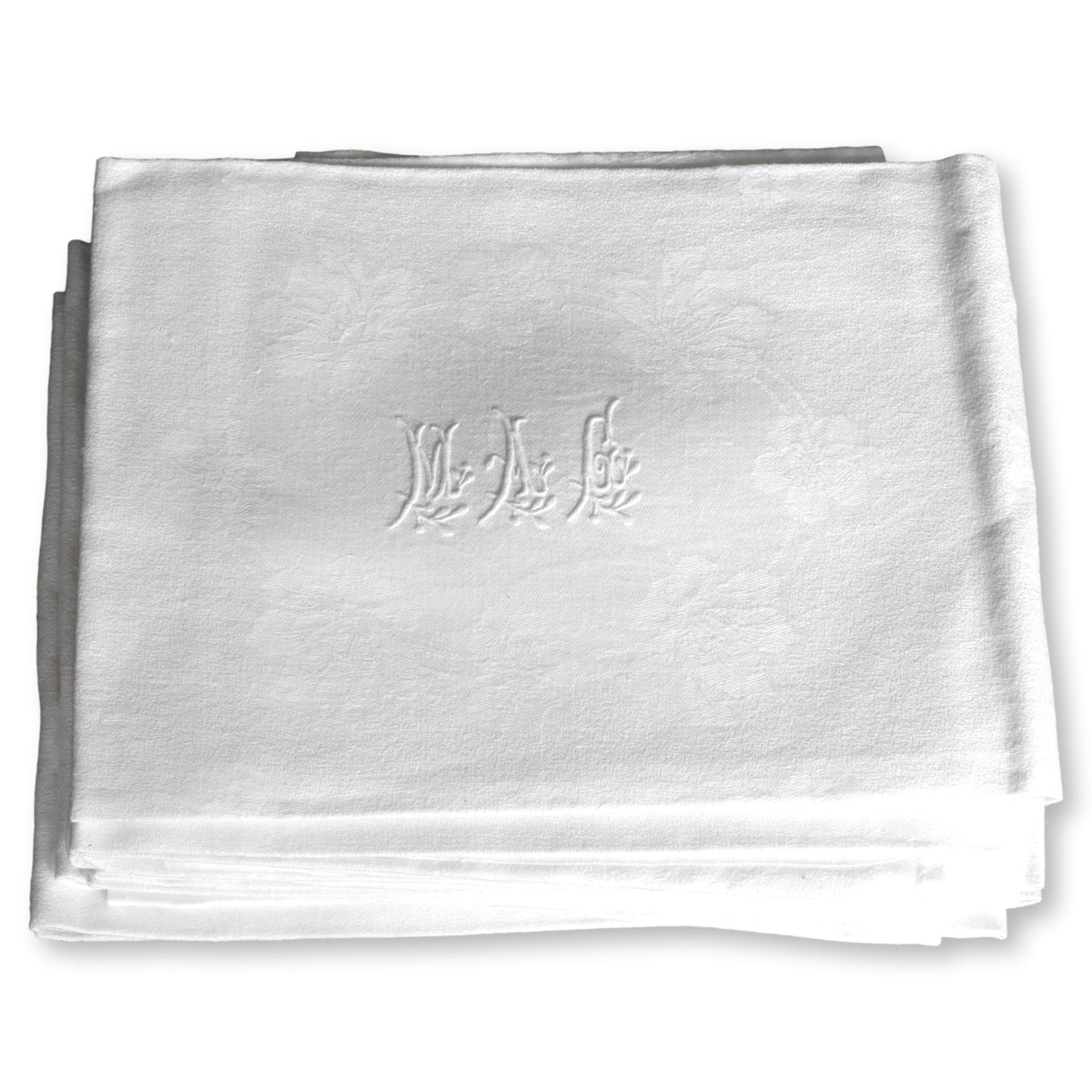 1920s French White Linen Dinner Napkins, w/ Hand-Stitched "M A G" Monogram, Set of 12