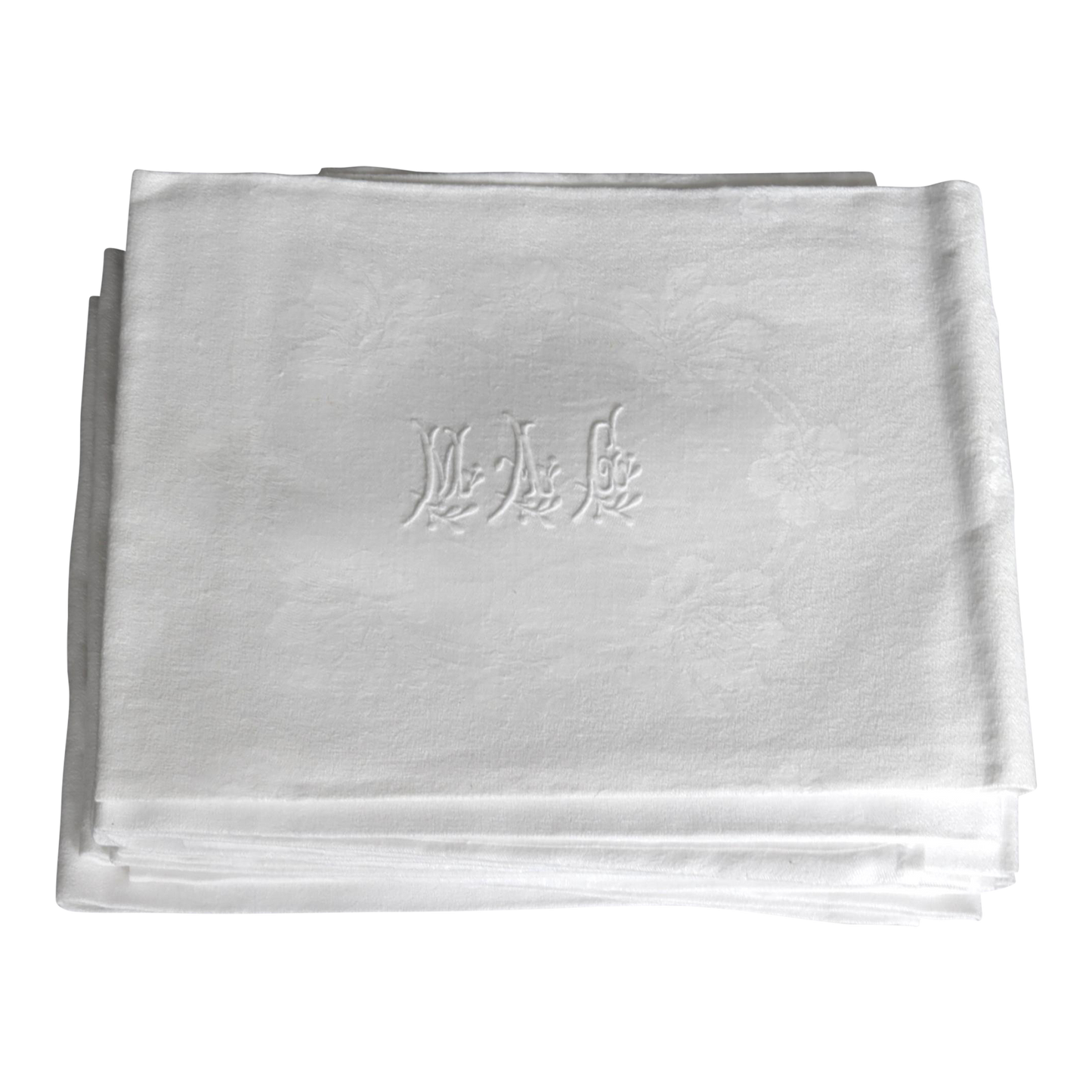 1920s French White Linen Dinner Napkins, w/ Hand-Stitched "M A G" Monogram, Set of 12