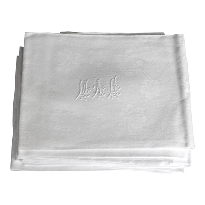 1920s French White Linen Dinner Napkins, w/ Hand-Stitched "M A G" Monogram, Set of 12