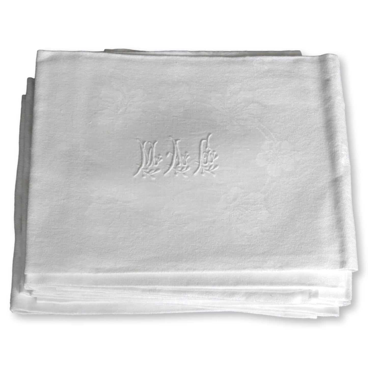 1920s French White Linen Dinner Napkins, w/ Hand-Stitched "M A G" Monogram, Set of 12