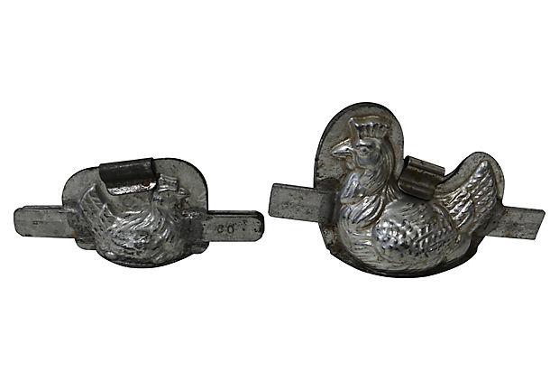 Antique French Rooster & Hen Chocolate Molds, 2 Pcs