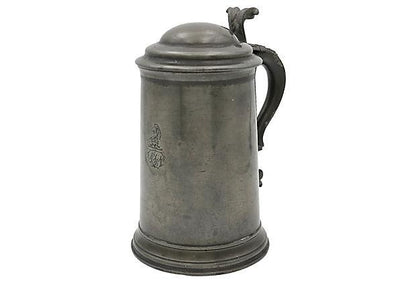 19th-C. English Pewter Ale Tankard W/ Crest & "W" Monogram