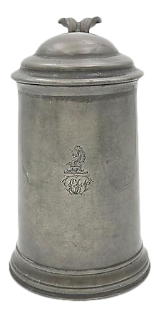 19th-C. English Pewter Ale Tankard W/ Crest & "W" Monogram