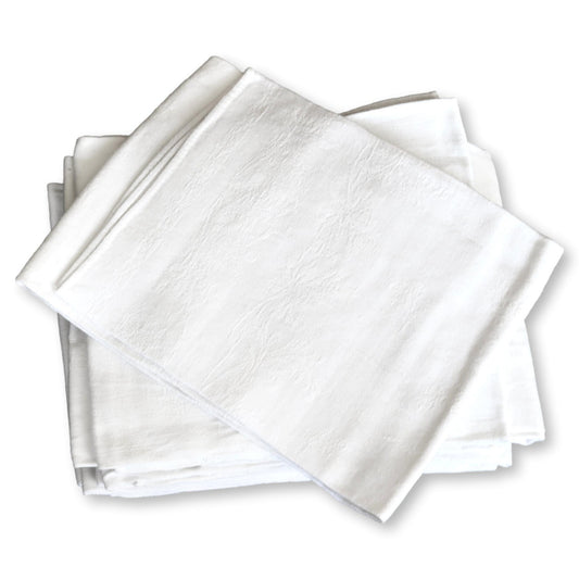 C. 1920s French White Linen Damask Dinner Napkins, Set of Eight