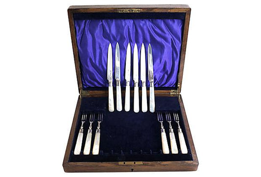 Dated 1928 English Sterling & Mother of Pearl Cutlery Set, Service for Six