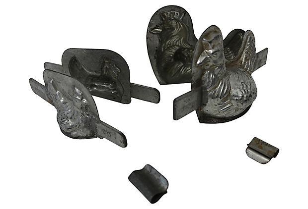 Antique French Rooster & Hen Chocolate Molds, 2 Pcs