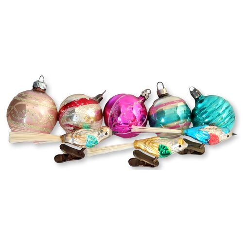 Set of Eight Midcentury Mercury Glass Christmas Ornaments