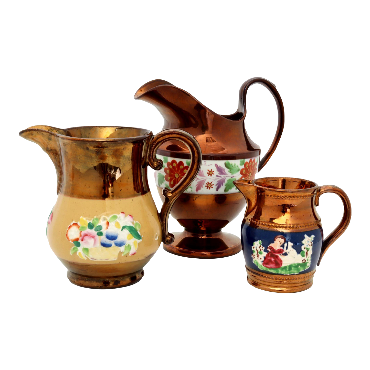 Collection of Copper Lustre Pitchers, Set of 3