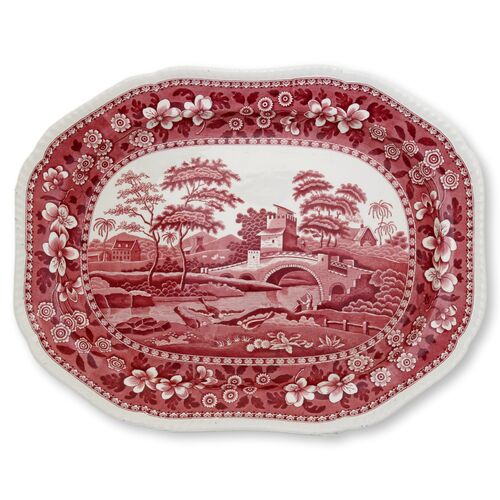 Early 1900s Red Spodes Tower Pattern Turkey Platter