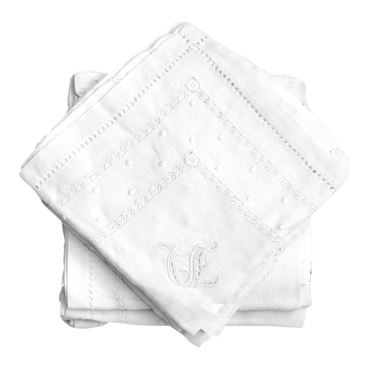 C. 1880s Fancy French Hand-Made Polka Dot Napkins, Hand-Stitched "VE" Monogram | Set of 9