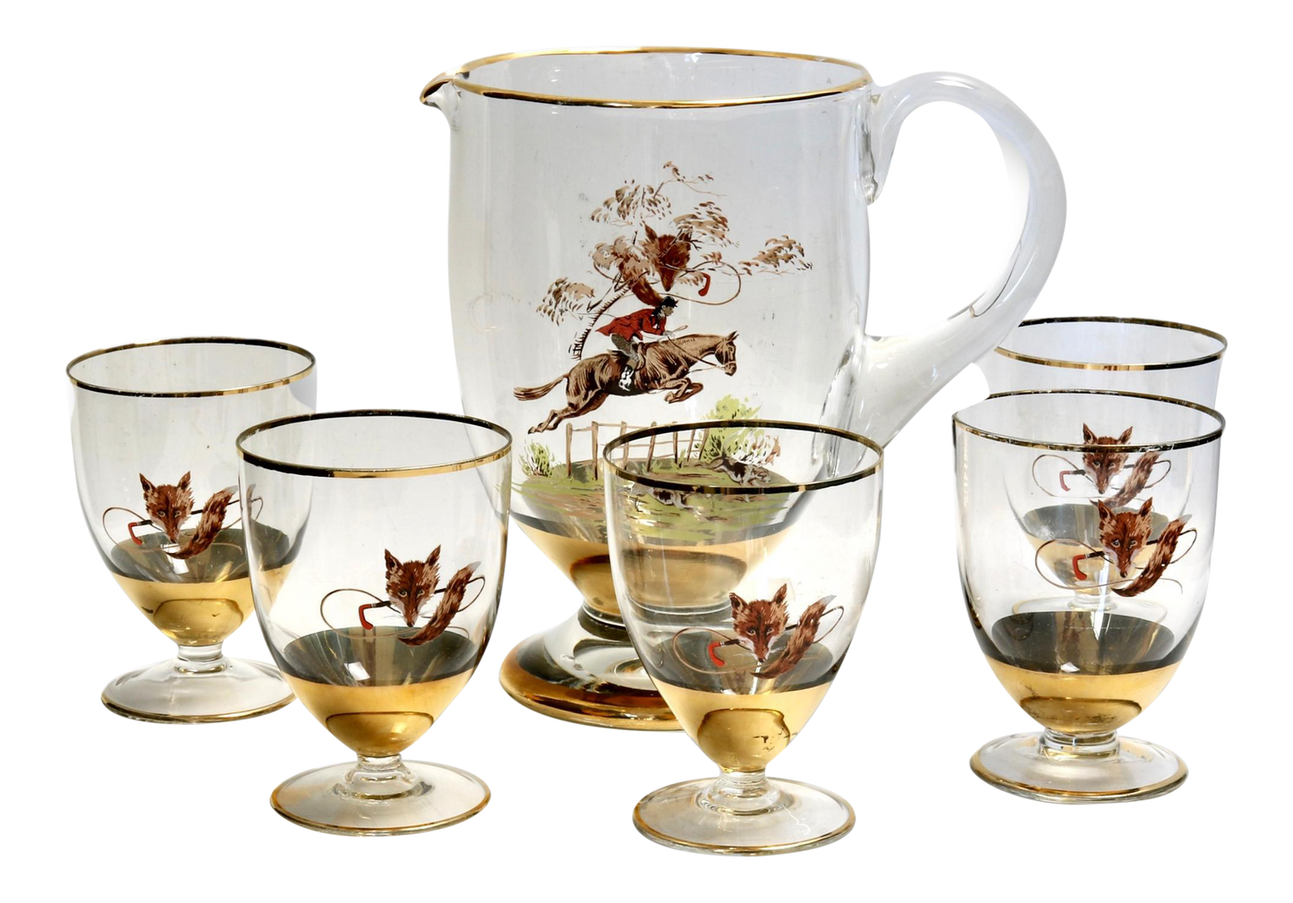 French Hunting Scene Pitcher and Glasses, 6 Pieces