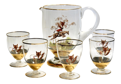 French Hunting Scene Pitcher and Glasses, 6 Pieces