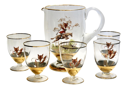 French Hunting Scene Pitcher and Glasses, 6 Pieces