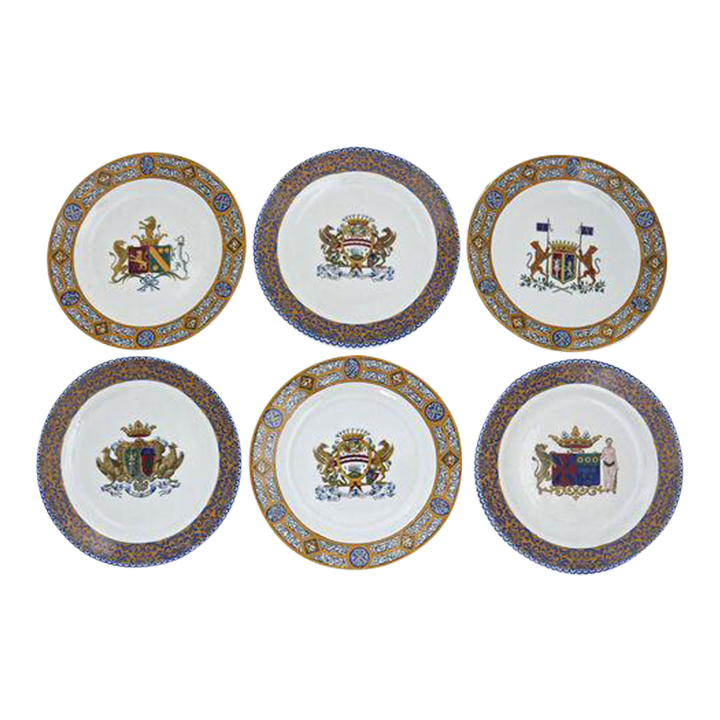 Antique 1880 French Gien Coat of Arms Plates - Set of 6