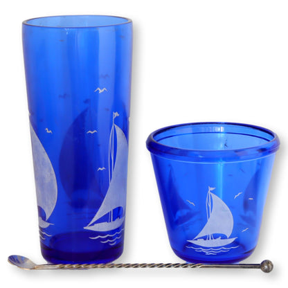 Midcentury Hazel Atlas Cobalt Blue Sailboat Cocktail Shaker & Ice Bucket