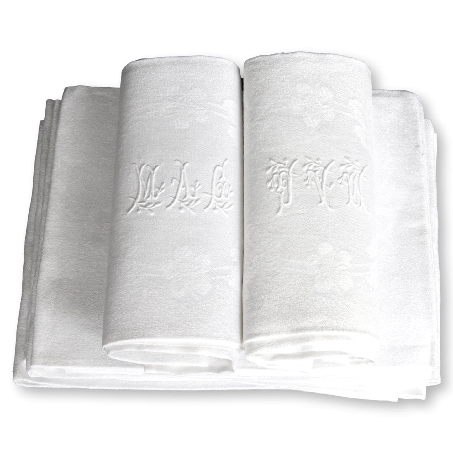 1920s French White Linen Dinner Napkins, w/ Hand-Stitched "M A G" Monogram, Set of 12