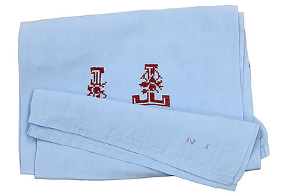 Antique French Linen Napkins w/ Hand-Stitched "T I" Monogram