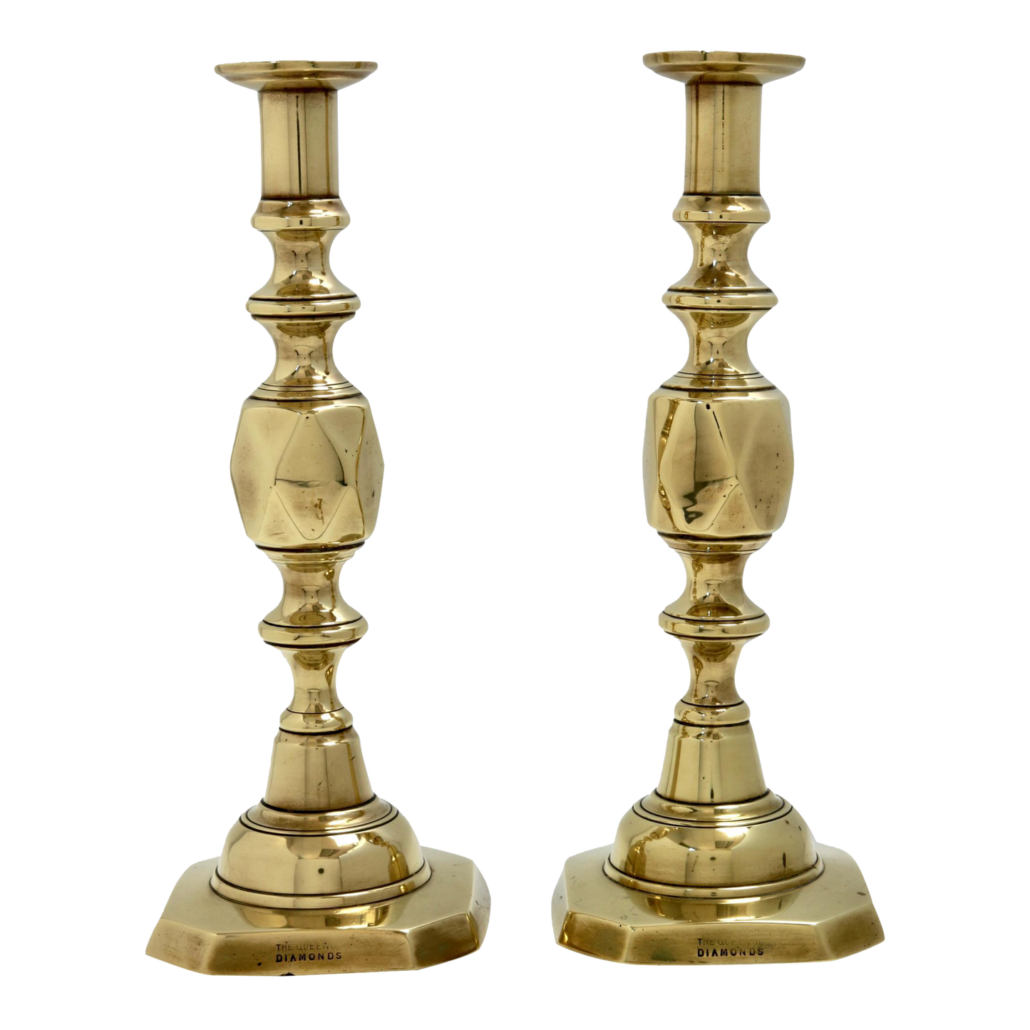 Antique English Brass "Queen of Diamonds" Brass Candlesticks, a Pair