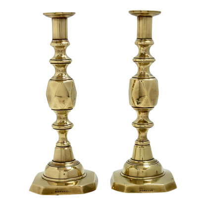 Antique English Brass "Queen of Diamonds" Brass Candlesticks, a Pair