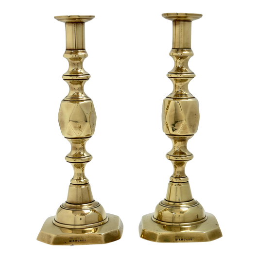 Antique English Brass "Queen of Diamonds" Brass Candlesticks, a Pair