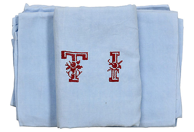 Antique French Linen Napkins w/ Hand-Stitched "T I" Monogram