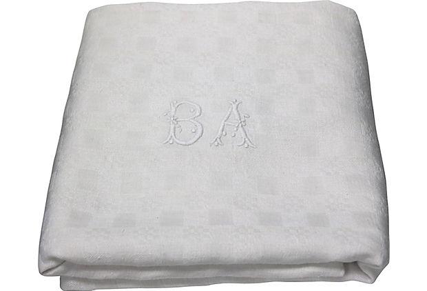 1920s French White Table Linens, w/ Hand-Stitched "B A" Monogram