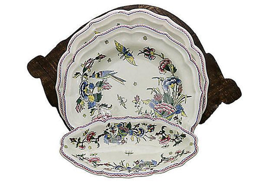 Antique Gien French Faience & Wood Bowl Set, C. 1880