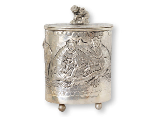 Repoussé  Silver-Plate Canister w/Monkeys