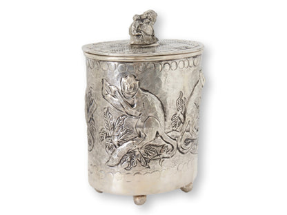 Repoussé  Silver-Plate Canister w/Monkeys