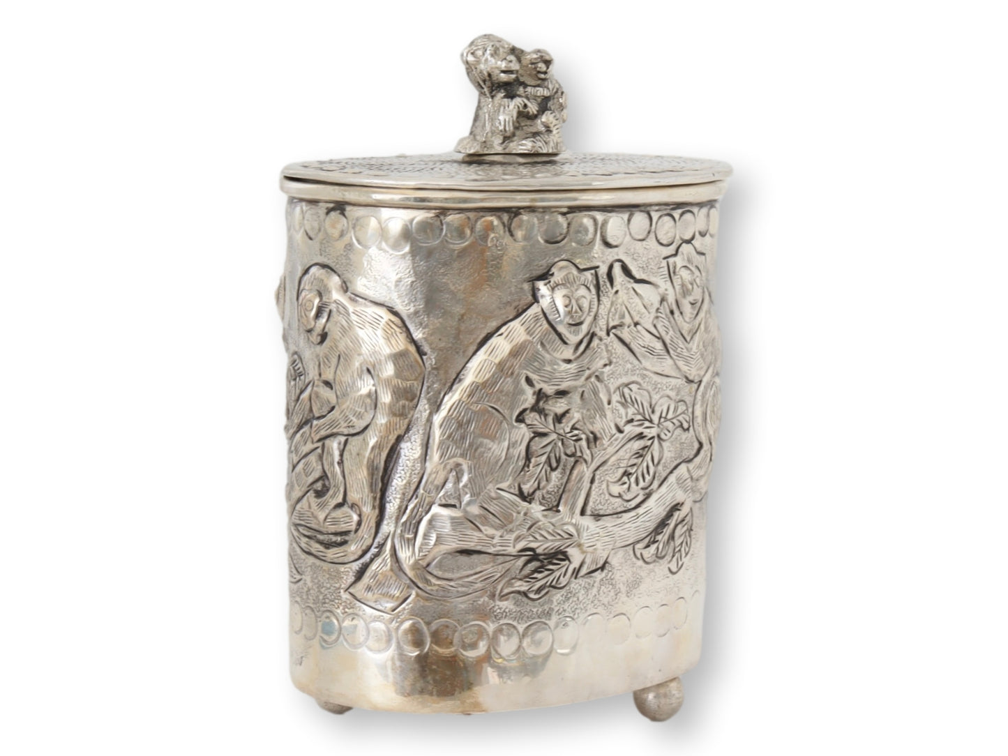 Repoussé  Silver-Plate Canister w/Monkeys