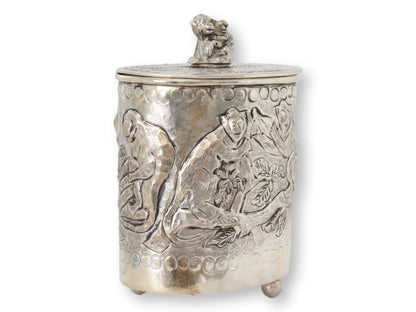 Repoussé  Silver-Plate Canister w/Monkeys