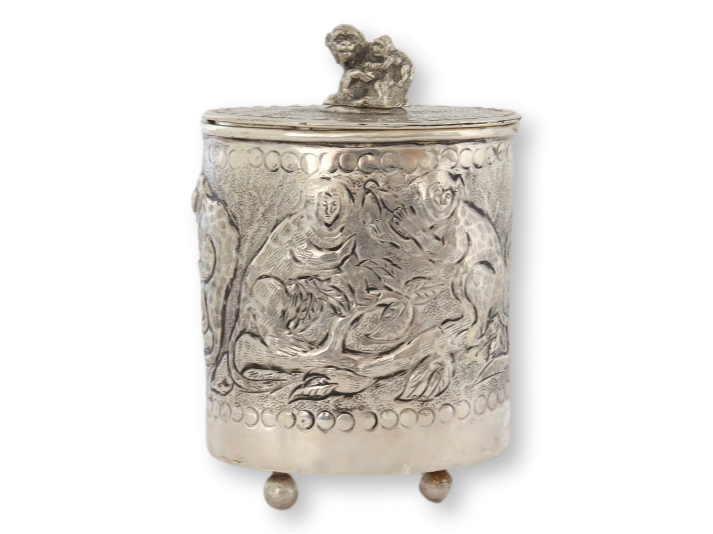 Vintage Repoussé Silver-Plate Canister w/ Monkeys