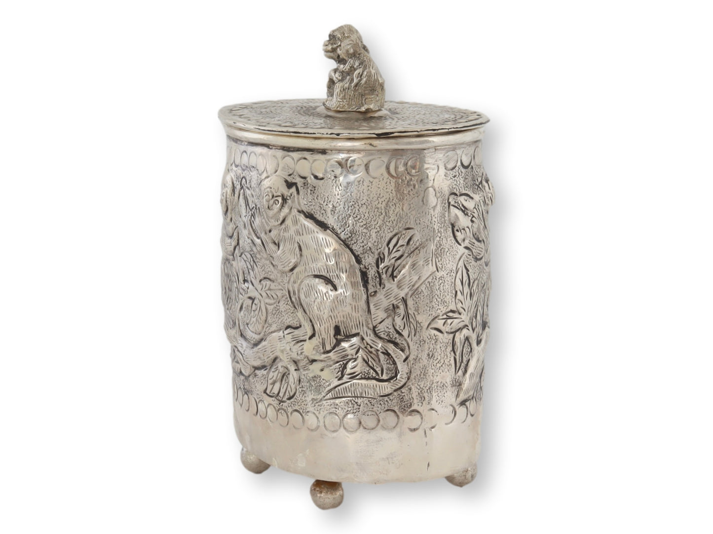 Vintage Repoussé Silver-Plate Canister w/ Monkeys