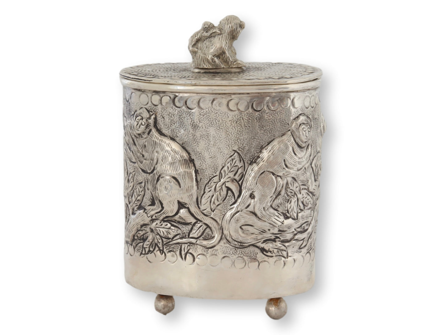 Vintage Repoussé Silver-Plate Canister w/ Monkeys