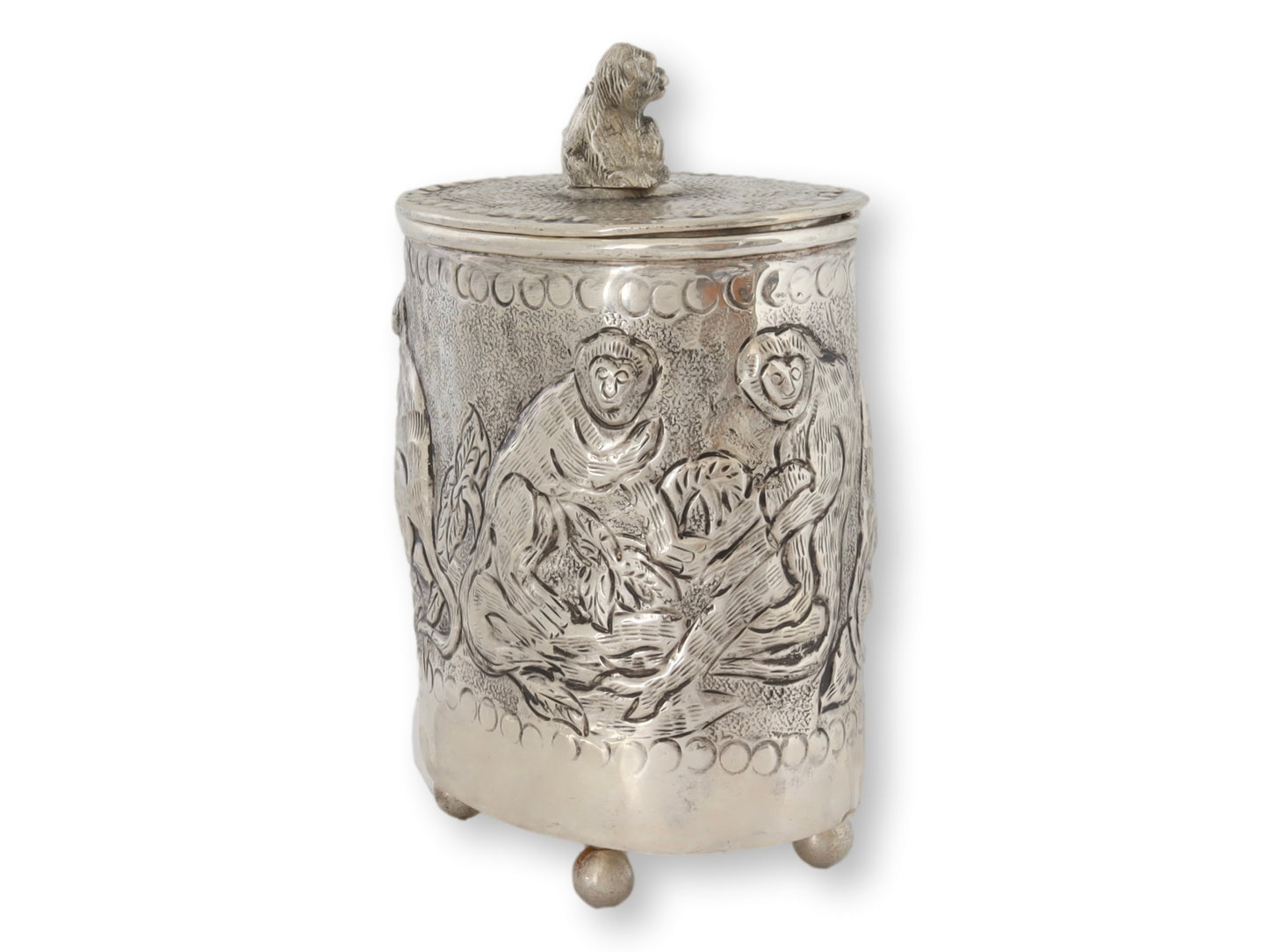 Vintage Repoussé Silver-Plate Canister w/ Monkeys