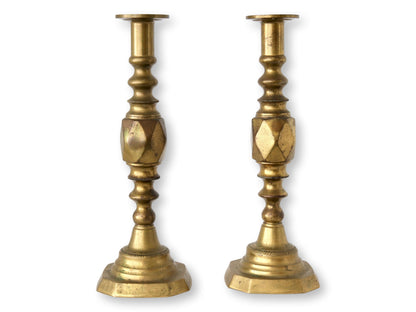 English Rustic Brass Candlesticks, Pair