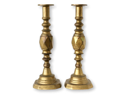 English Rustic Brass Candlesticks, Pair